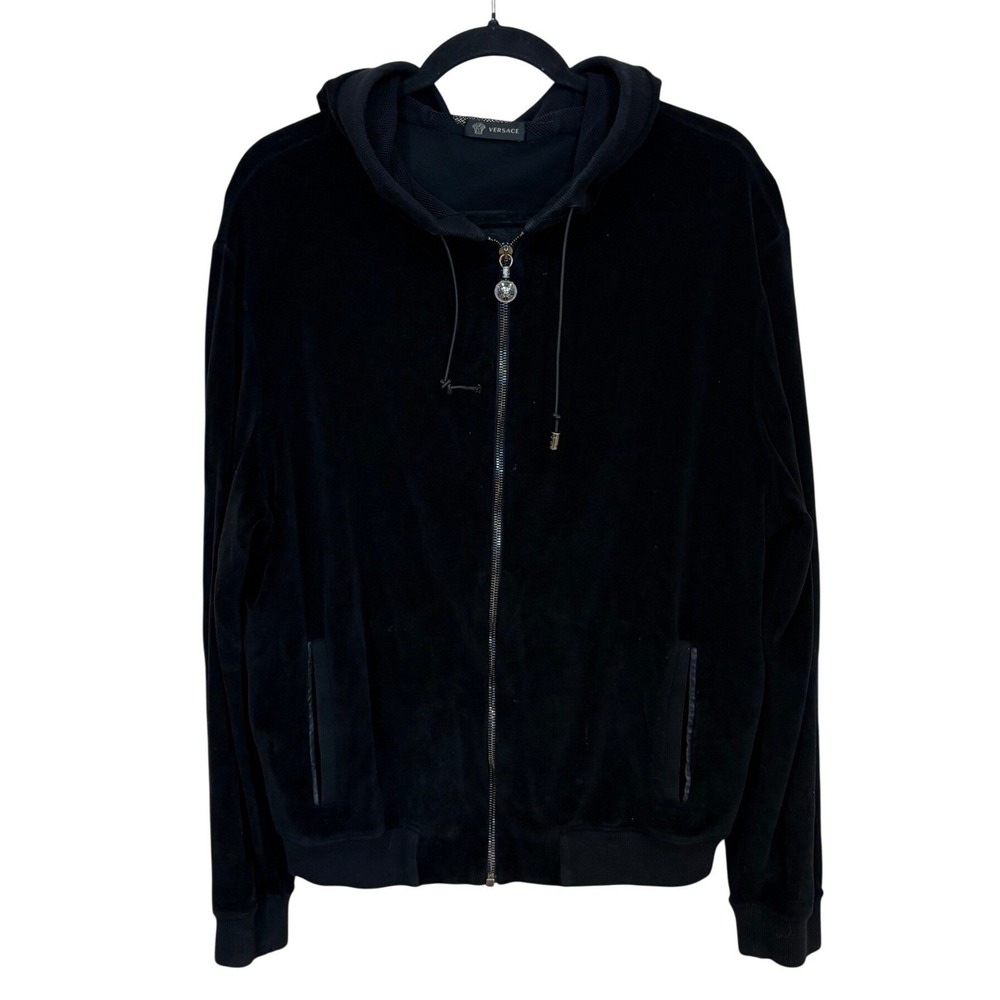 Versace Hoodie Mens L Black Velour Medusa Logo Leather Trim Full Zip Made Italy View 2